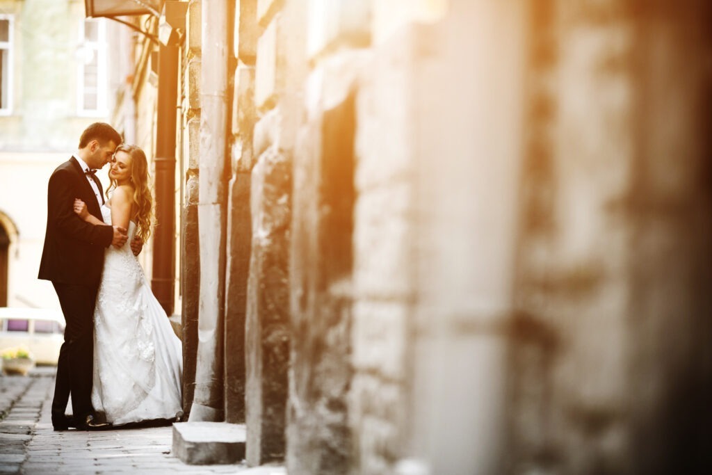 Bride and groom Newcastle wedding at sunset